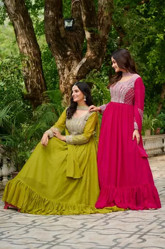 Paroot green georgette with embroidery beads sequins-work ready to wear gown wtth dupatta