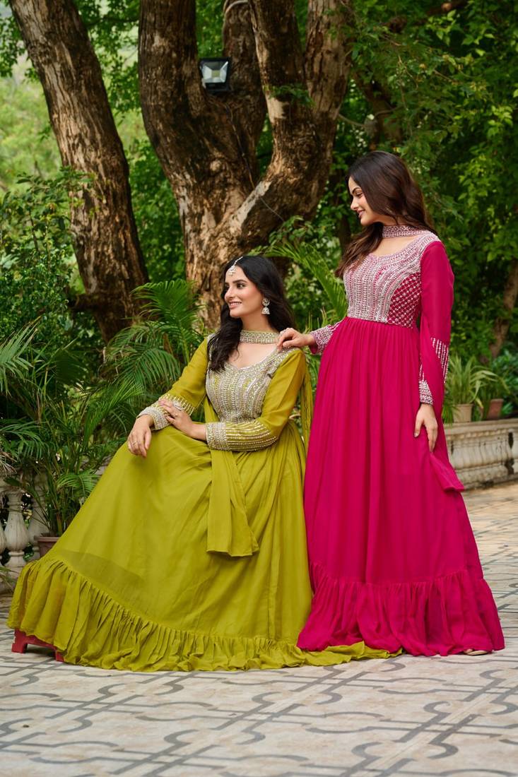 Paroot green georgette with embroidery beads sequins-work  ready to wear gown wtth dupatta