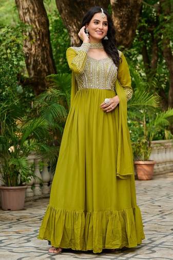 Paroot green georgette with embroidery beads sequins-work ready to wear gown wtth dupatta