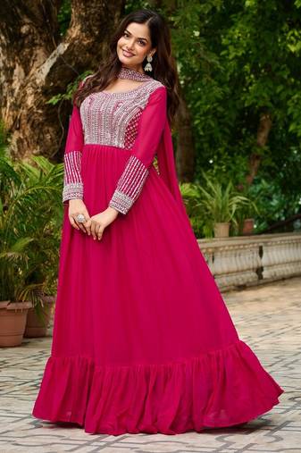 Rani pink georgette with embroidery beads sequins-work  ready to wear gown wtth dupatta
