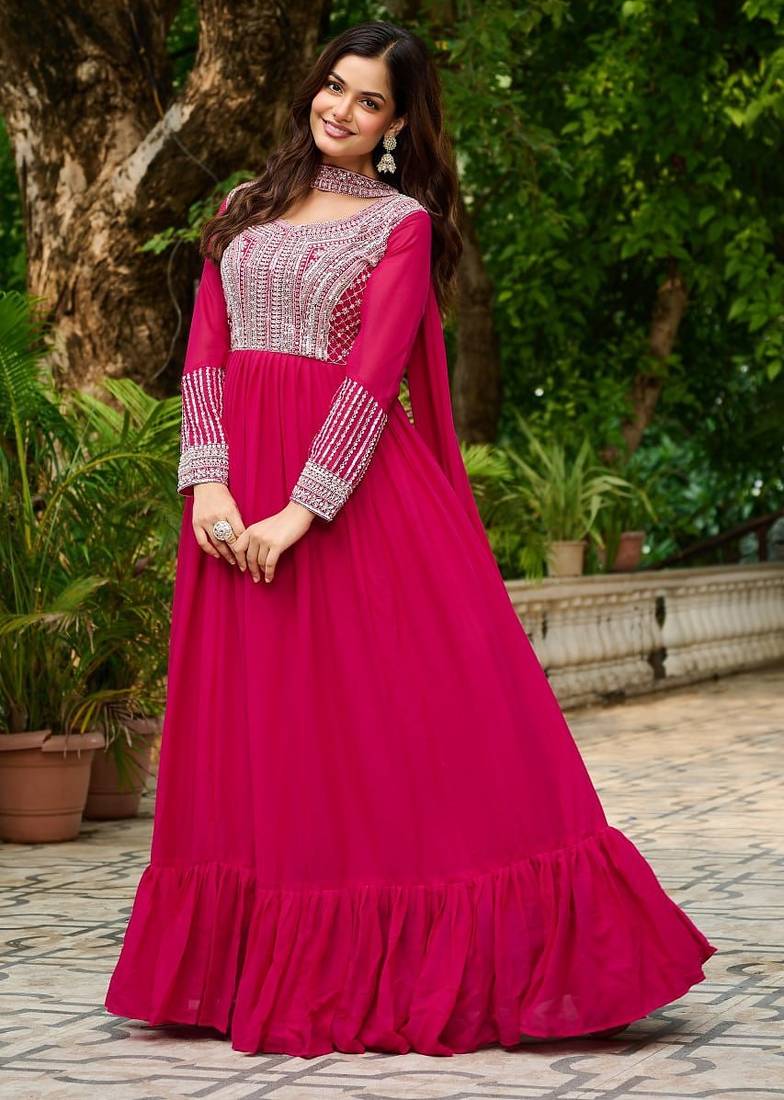 Rani pink georgette with embroidery beads sequins-work  ready to wear gown wtth dupatta