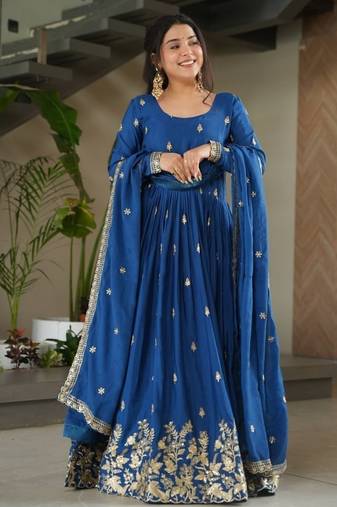 Royal blue chinnon anarkali   embroidery zari sequins-work with  dupatta full stitch