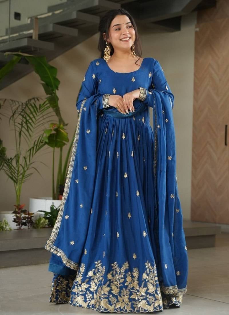 Royal blue chinnon anarkali   embroidery zari sequins-work with  dupatta full stitch