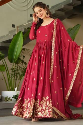 Maroon chinnon anarkali   embroidery zari sequins-work with  dupatta full stitch