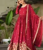 Maroon chinnon anarkali  embroidery zari sequins-work with dupatta full stitch