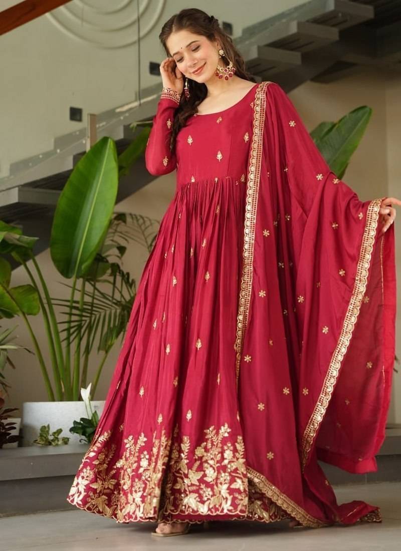 Maroon chinnon anarkali   embroidery zari sequins-work with  dupatta full stitch