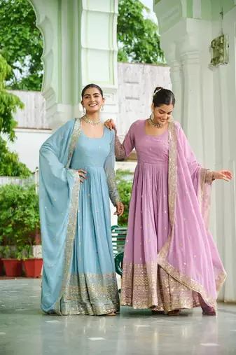 Sky dusty coloured faux georgette anarkali gown and dupatt with embroidered work