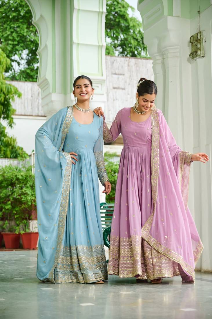 Sky dusty coloured faux georgette anarkali gown and dupatt with embroidered work