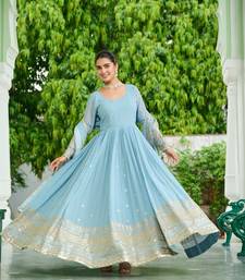 Sky dusty coloured faux georgette anarkali gown and dupatt with embroidered work