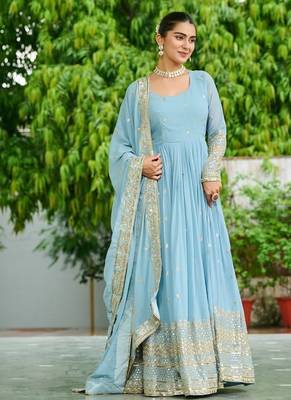 Sky dusty coloured faux georgette anarkali gown and dupatt with embroidered work 1