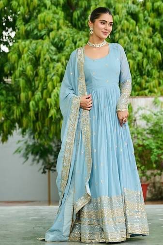 Sky dusty coloured faux georgette anarkali gown and dupatt with embroidered work