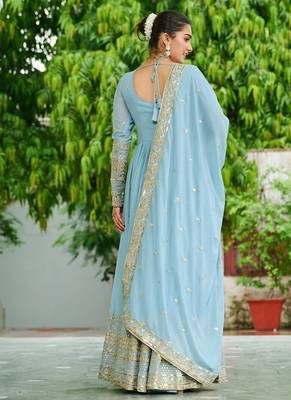 Sky dusty coloured faux georgette anarkali gown and dupatt with embroidered work 4