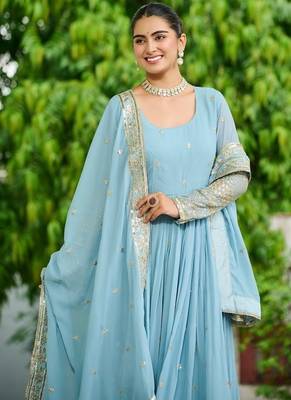 Sky dusty coloured faux georgette anarkali gown and dupatt with embroidered work 5