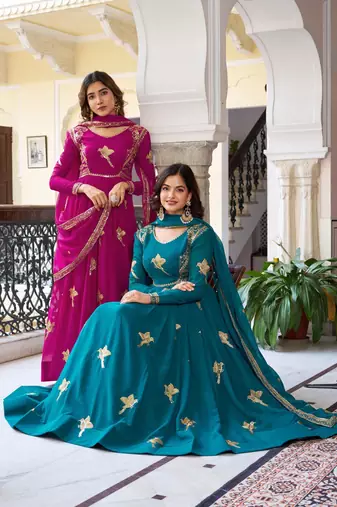 Teal green faux georgette anarkali suit with thread & sequin work – full stitched salwar kameez
