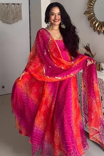 Pink orange faux georgette gown with printed work & full sleeves | partywear anarkali long dress for women