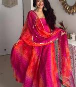 Pink orange faux georgette gown with printed work & full sleeves | partywear anarkali long dress for women