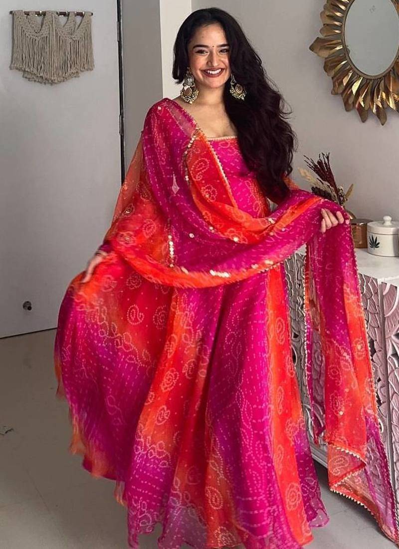 Pink orange faux georgette gown with printed work & full sleeves | partywear anarkali long dress for women