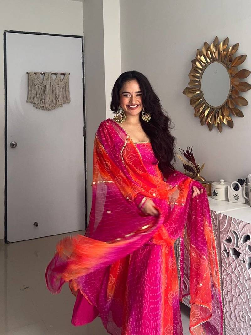 Pink orange faux georgette gown with printed work & full sleeves | partywear anarkali long dress for women