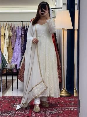 White faux blooming anarkali suit with heavy sequins & thread embroidery dupatta | partywear ethnic dress women 1