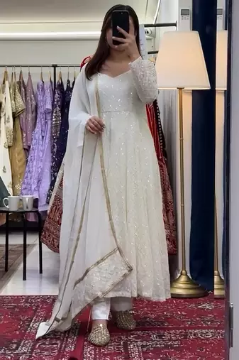 White faux blooming anarkali suit with heavy sequins & thread embroidery dupatta | partywear ethnic dress women