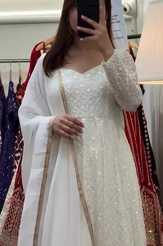 White faux blooming anarkali suit with heavy sequins & thread embroidery dupatta | partywear ethnic dress women