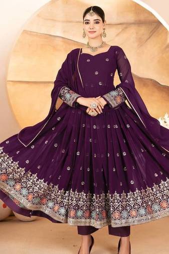 Wine  faux blooming anarkali suit with heavy sequin & multi thread embroidery – semi stitched salwar kameez
