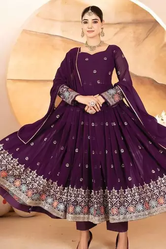 Wine faux blooming anarkali suit with heavy sequin & multi thread embroidery full stitched salwar kameez