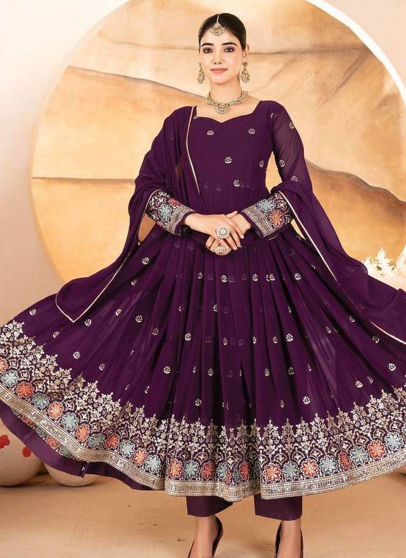 Wine  faux blooming anarkali suit with heavy sequin & multi thread embroidery – semi stitched salwar kameez