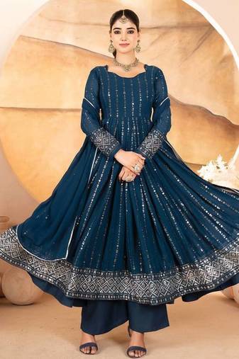 Teal blue faux blooming anarkali suit with heavy sequin & thread embroidery full stitched salwar kameez