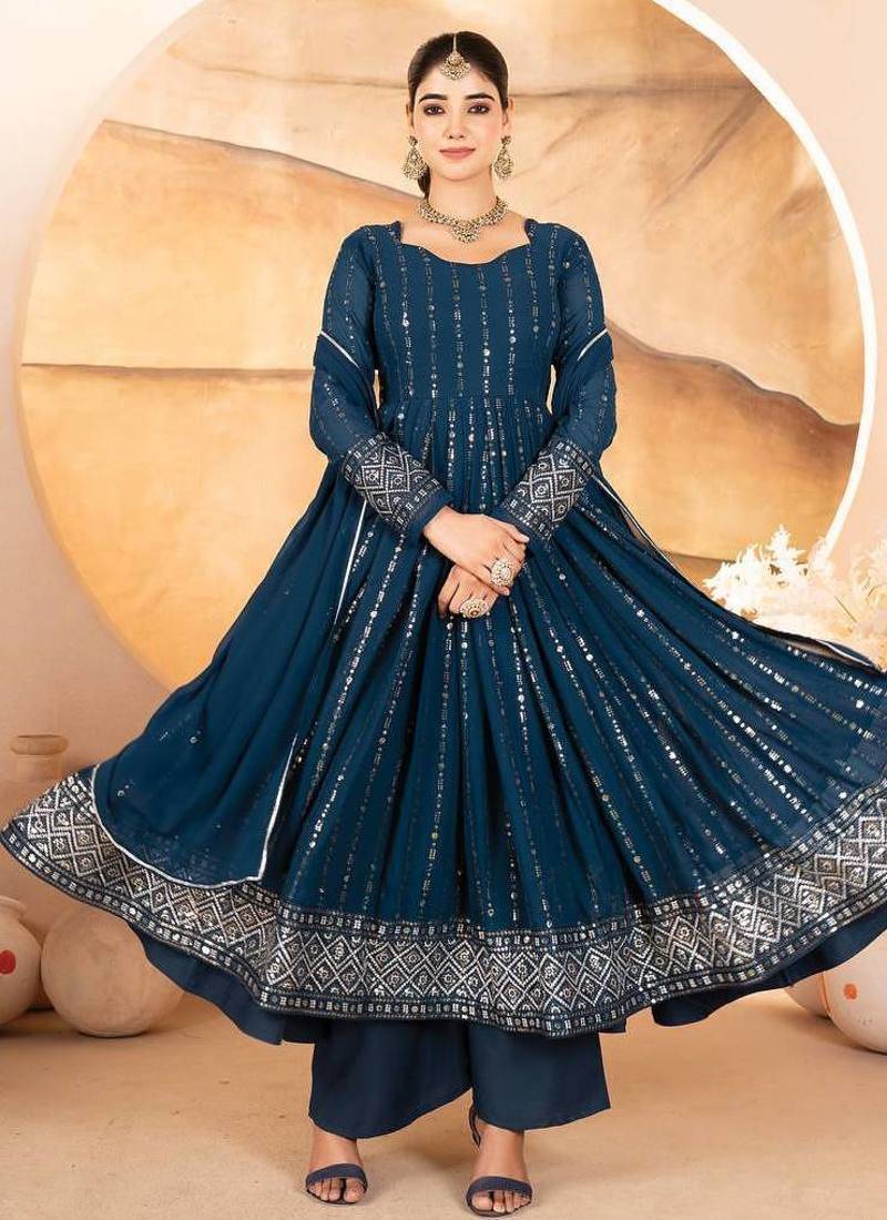 Teal blue faux blooming anarkali suit with heavy sequin & thread embroidery – full  stitched salwar kameez