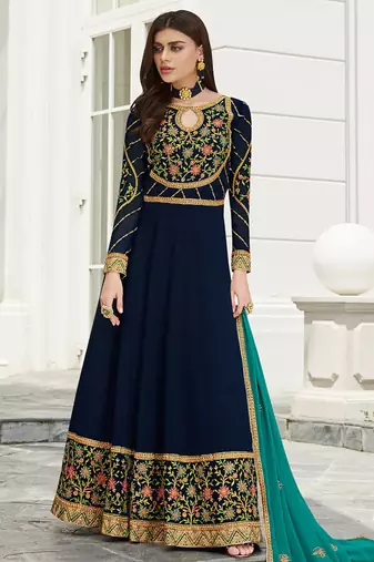 Navy Blue Faux Georgette Embroidered Wedding Wear Designer Anarkali Semi-Suit