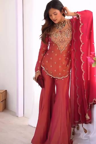 Red heavy simar silk sharara suit with embroidery work – full stitched salwar kameez