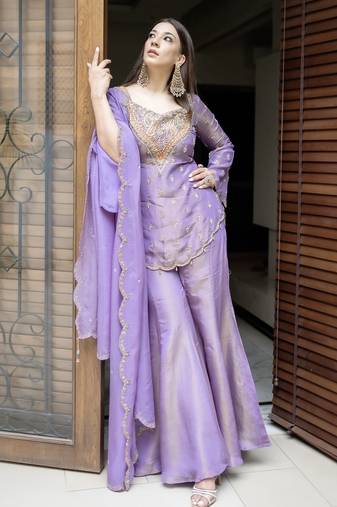 Lavender heavy simar silk sharara suit with embroidery work – full stitched salwar kameez