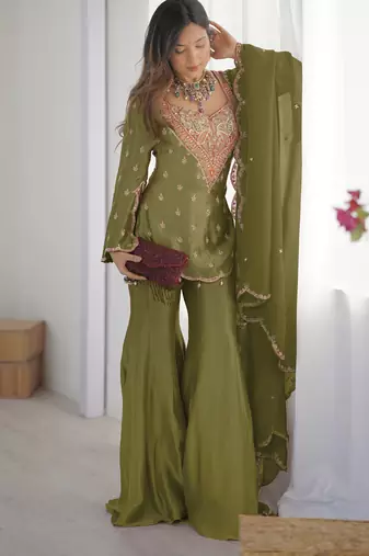 Mehendi heavy simar silk sharara suit with embroidery work – full stitched salwar kameez