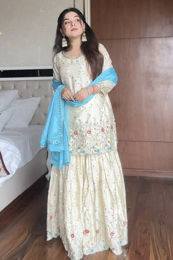 Off white chinon sharara suit with sequence embroidery & blue dupatta – full stitched salwar kameez