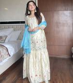 Off white chinon sharara suit with sequence embroidery & blue dupatta full stitched salwar kameez