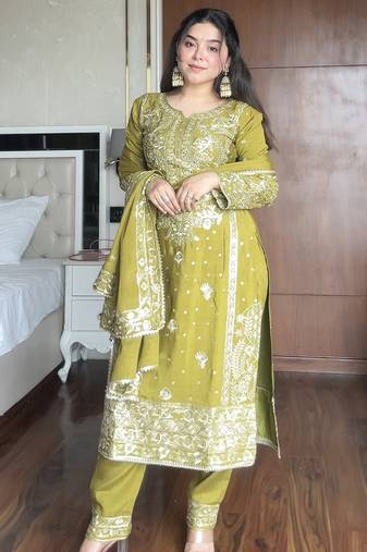 Olive green chinon straight suit with full sequence embroidery – ready to wear salwar kameez