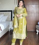 Olive green chinon straight suit with full sequence embroidery ready to wear salwar kameez