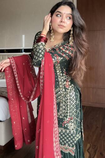 Green faux georgette sequence embroidered kurti with sharara and dupatta – designer salwar kameez