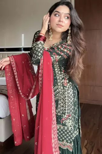 Green faux georgette sequence embroidered kurti with sharara and dupatta – designer salwar kameez