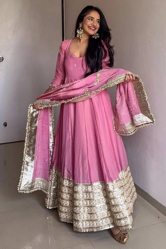 Pink chinon silk anarkali suit with zari embroidery sequins work & dupatta | partywear ethnic dress for women