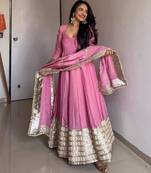 Pink chinon silk anarkali suit with zari embroidery sequins work & dupatta | partywear ethnic dress for women