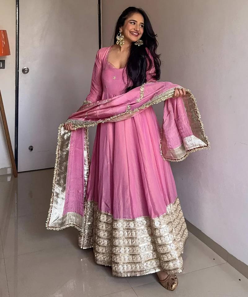 Pink chinon silk anarkali suit with zari embroidery sequins work & dupatta | partywear ethnic dress for women