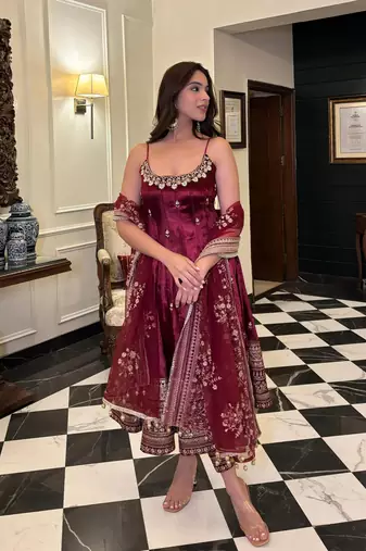 Maroon vichitra silk anarkali suit with zari embroidery sequins work & dupatta | partywear ethnic dress for women