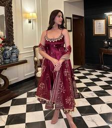 Maroon vichitra silk anarkali suit with zari embroidery sequins work & dupatta | partywear ethnic dress for women