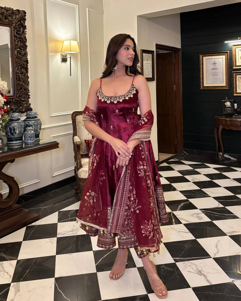 Maroon vichitra silk anarkali suit with zari embroidery sequins work & dupatta | partywear ethnic dress for women