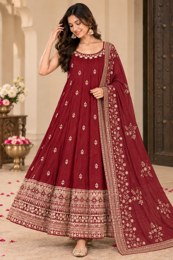 Maroon Vichitra Silk Anarkali Suit Zari Embroidery