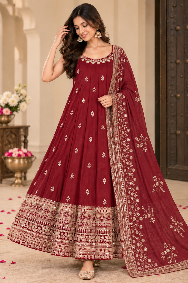 Maroon Vichitra Silk Anarkali Suit Zari Embroidery