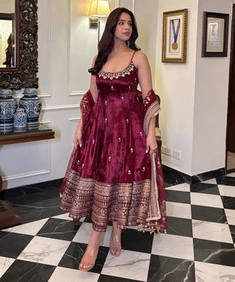 Maroon vichitra silk anarkali suit with zari embroidery sequins work & dupatta | partywear ethnic dress for women 3