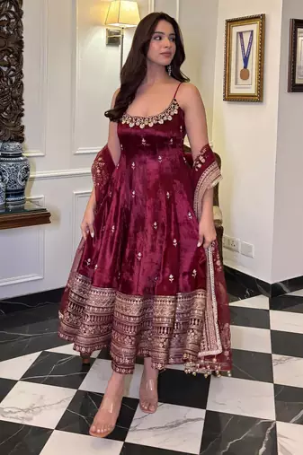 Maroon vichitra silk anarkali suit with zari embroidery sequins work & dupatta | partywear ethnic dress for women